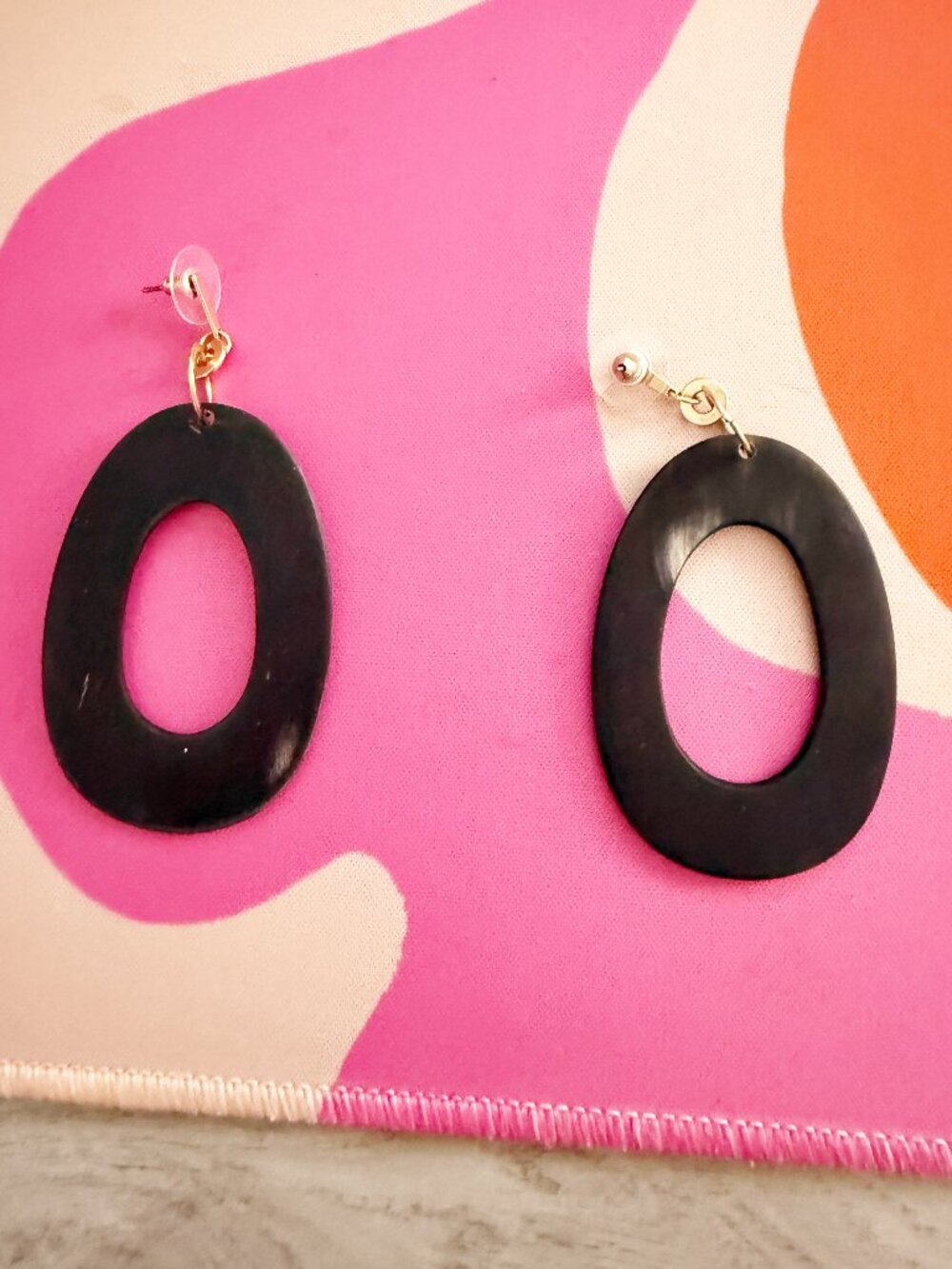 Drop Hoops Earrings Black Wood Oval Discs